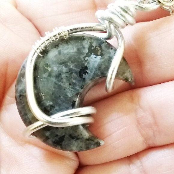 Chunky Larvikite Moon Pendant! Wire Wrapped - Gray Silver Black Labrador… - Picture 5 of 12